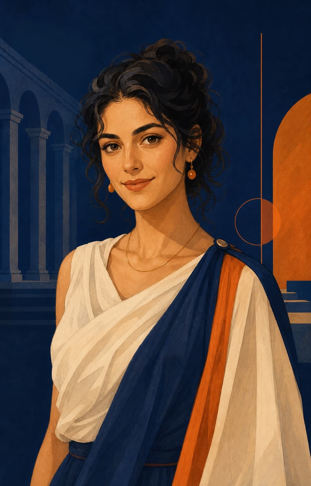 Ilustração de Ágora, guia virtual da EFOP, diante de formas arquitetônicas inspiradas na Grécia antiga.