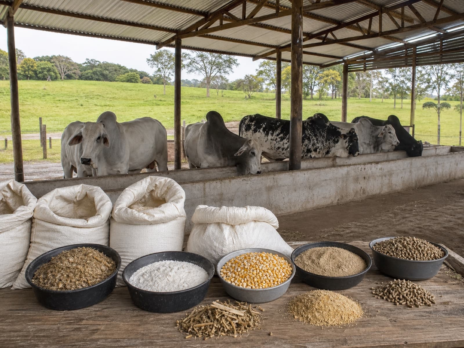 Curral coberto de fazenda-escola com gado no cocho e amostras de ração em primeiro plano.