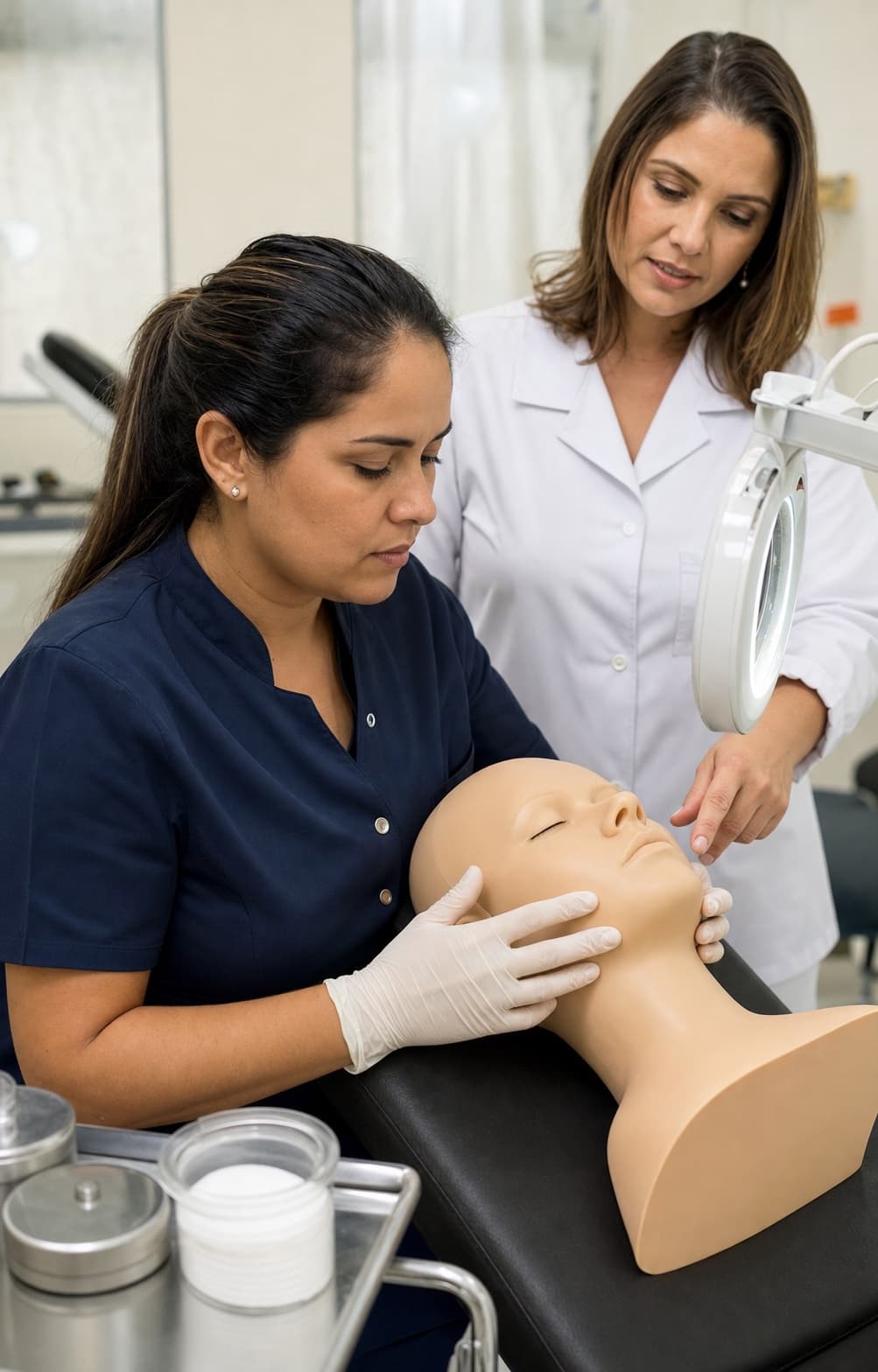 Aluna adulta treina avaliação facial em manequim com acompanhamento de professora.