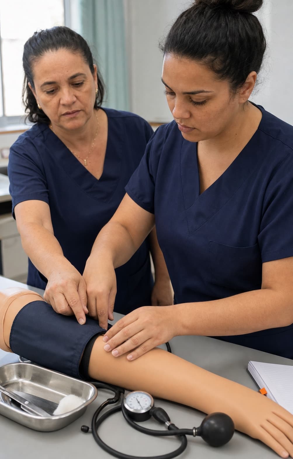 Aluna adulta pratica a aferição de pressão em braço de treinamento sob orientação.