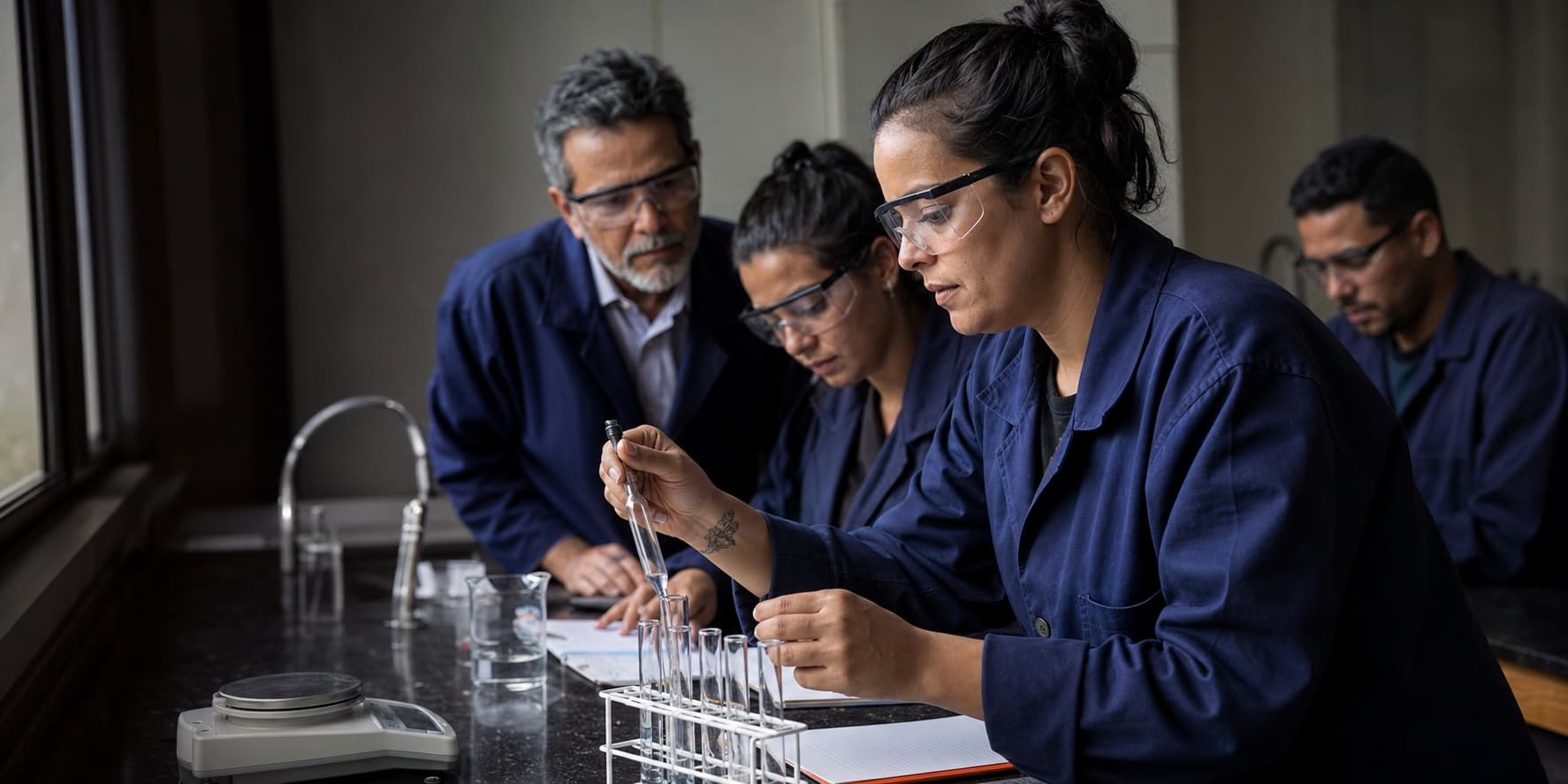Aluna adulta realiza uma atividade prática de Química acompanhada por professor e colegas.