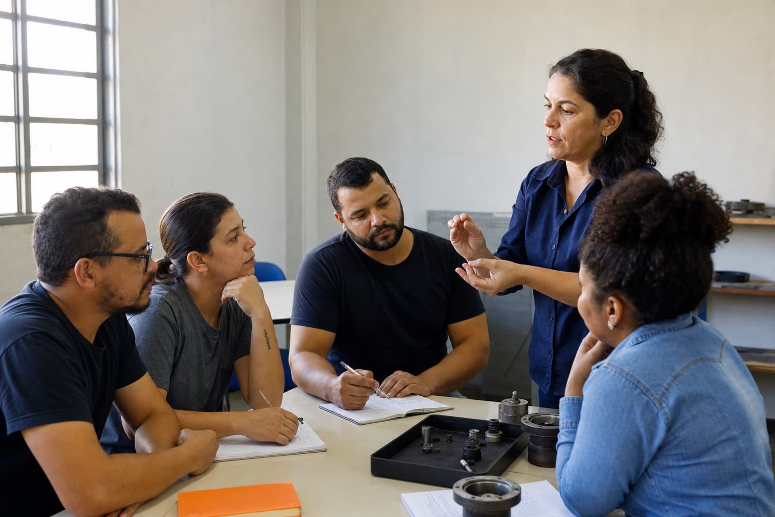 Professora orienta um grupo diverso de alunos adultos em uma atividade técnica.